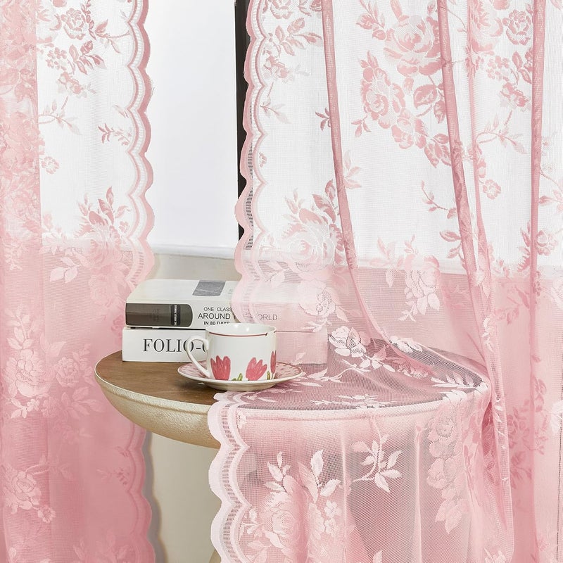 SEEKRIGHT Light Pink Lace Curtains 84 Inches Long 2 Panels Romantic Flower Sheer Curtains for Living Room Bedroom Cute Decor Rod Pocket Light Filtering Lace Window Curtains for Kids Girls Nursery Room, 52x84 - Image 3